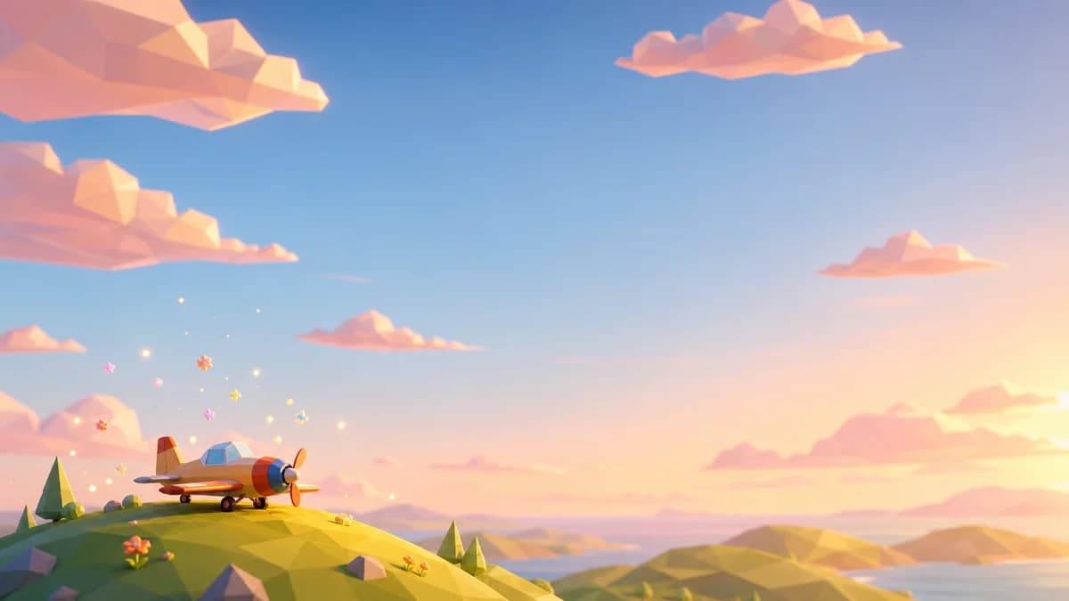 Gameplay screen of Easy Flyer, a relaxing arcade flight game where you lift and tilt a low-poly plane with one finger, leaving vapor trails across a wide open sky while collecting items and managing fuel.