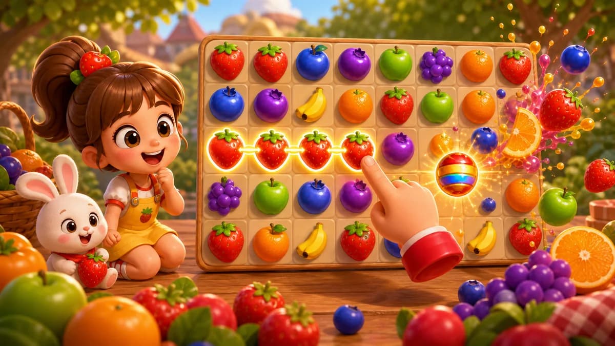 Gameplay screen of Fruit Fiesta, a fresh swipe match-3 puzzle where you connect rows of colorful fruit tiles, trigger chain-reaction boosters, and drop collectible desserts to the bottom of the board across 30 levels.