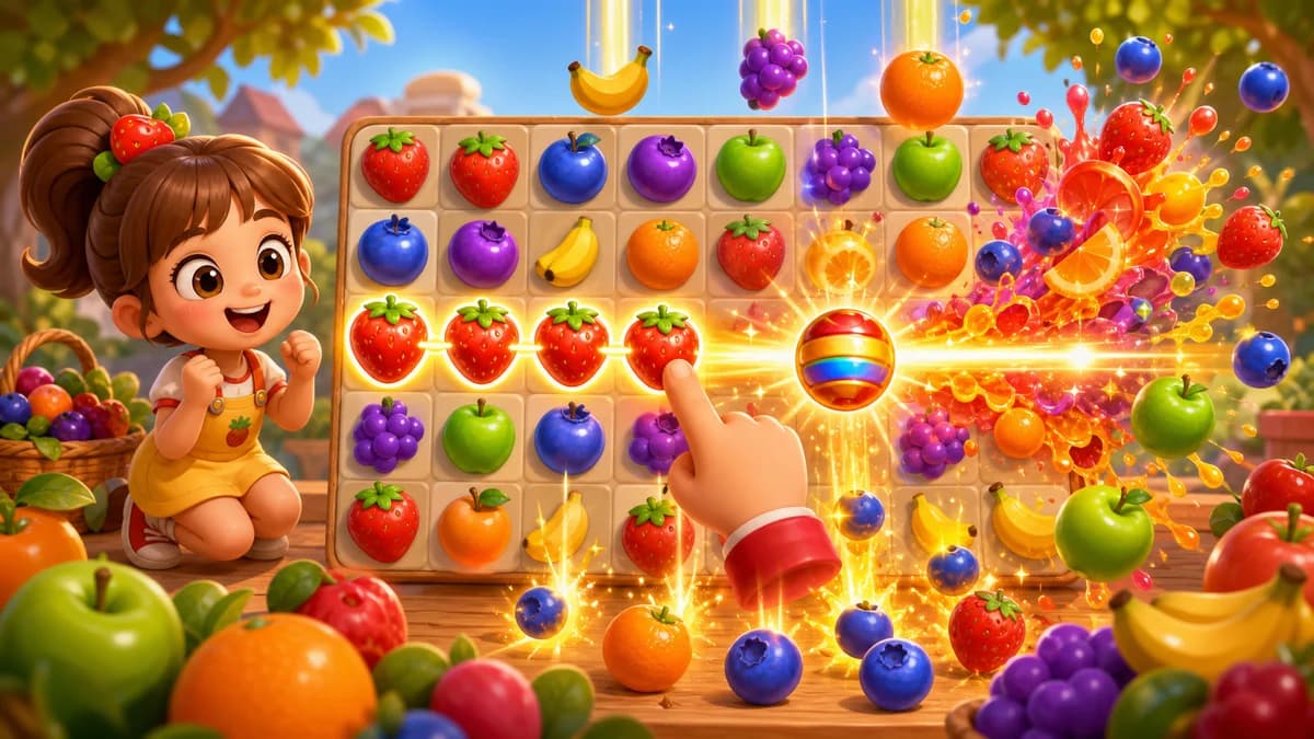 Gameplay screen of Fruit Fiesta, a fresh swipe match-3 puzzle where you connect rows of colorful fruit tiles, trigger chain-reaction boosters, and drop collectible desserts to the bottom of the board across 30 levels.