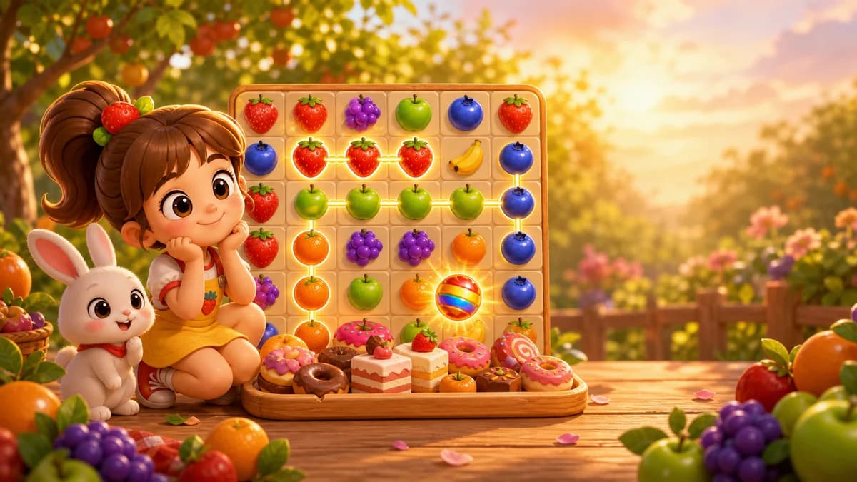 Gameplay screen of Fruit Fiesta, a fresh swipe match-3 puzzle where you connect rows of colorful fruit tiles, trigger chain-reaction boosters, and drop collectible desserts to the bottom of the board across 30 levels.