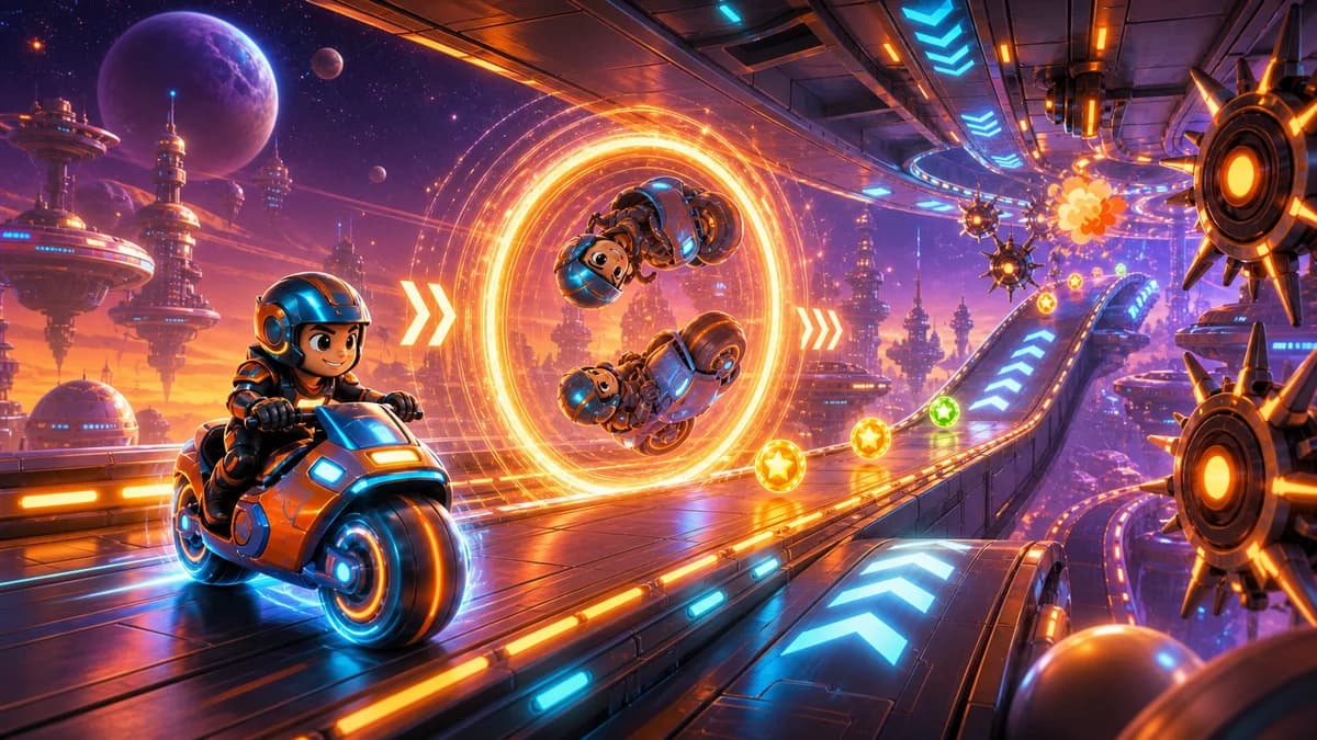 A bike racing through neon-lit future-city space circuits, passing through gravity-switch zones that flip floor and ceiling, while dodging spinning obstacles and launching off ramps in the SF arcade game Space Z