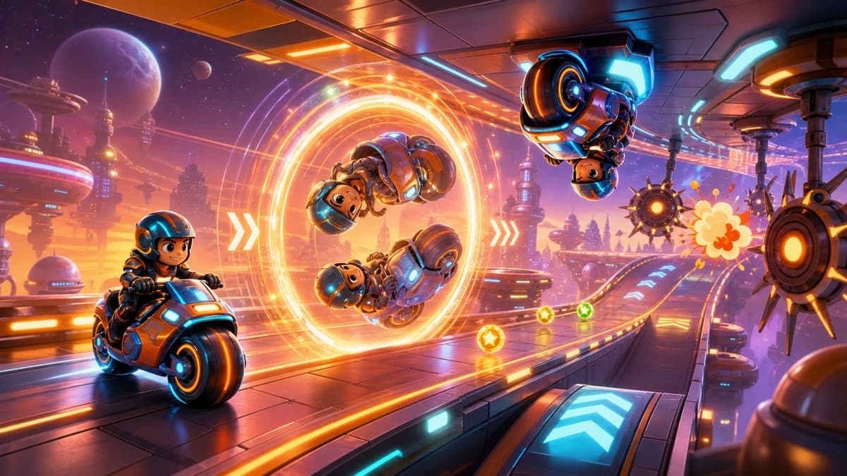 A bike racing through neon-lit future-city space circuits, passing through gravity-switch zones that flip floor and ceiling, while dodging spinning obstacles and launching off ramps in the SF arcade game Space Z