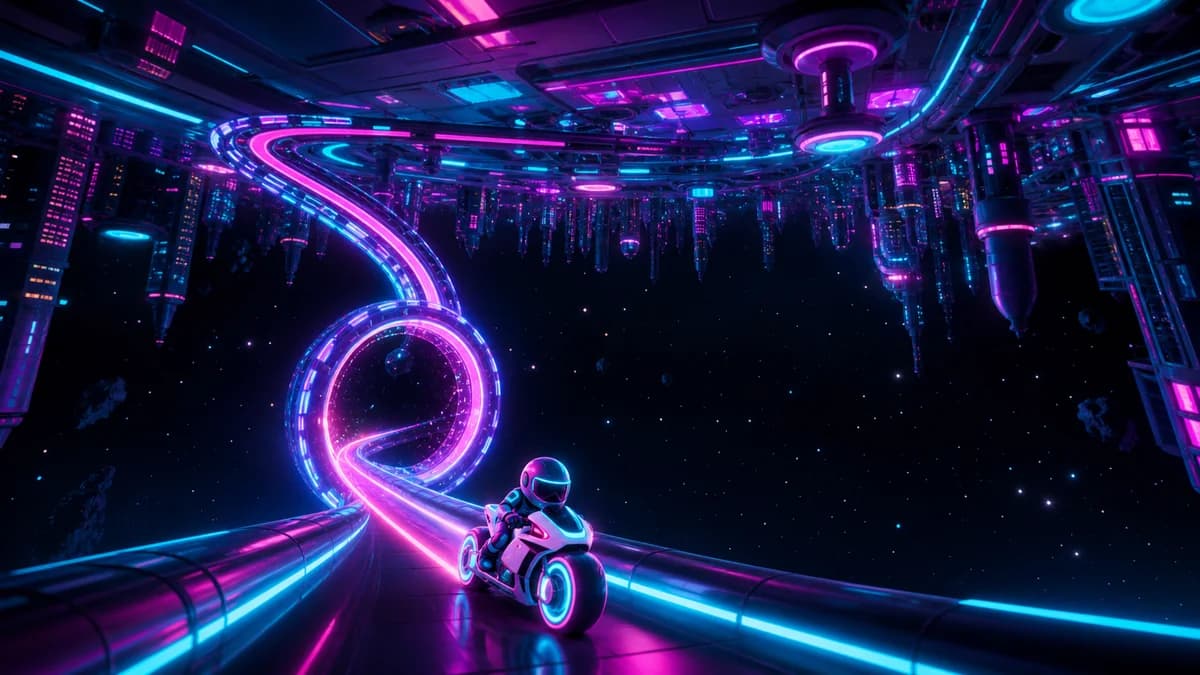 A bike racing through neon-lit future-city space circuits, passing through gravity-switch zones that flip floor and ceiling, while dodging spinning obstacles and launching off ramps in the SF arcade game Space Z