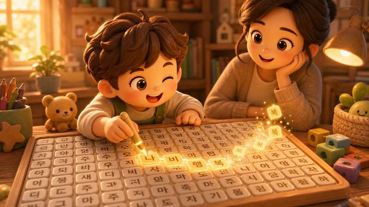 Gameplay screen of Find the Word, a Korean word search game where players swipe across a character-packed grid to find hidden Korean words running in any of 8 directions across 864 levels.