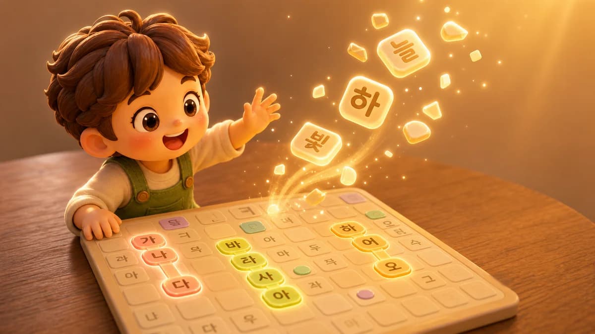 Gameplay screen of Find the Word, a Korean word search game where players swipe across a character-packed grid to find hidden Korean words running in any of 8 directions across 864 levels.