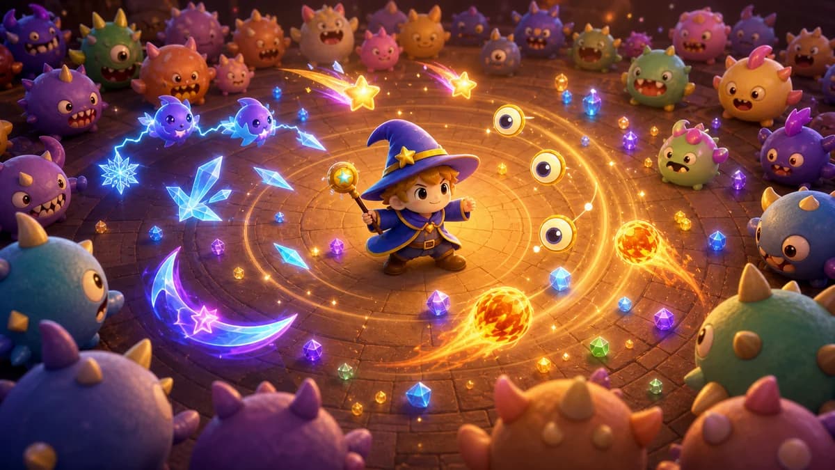 An adorable wizard moving through cartoon fantasy monsters while twelve auto-cast spells — shooting stars, lightning, ice, fireballs — fire automatically, and defeated monsters dissolve in light in the wave survival action game Sometimes You Just Need This