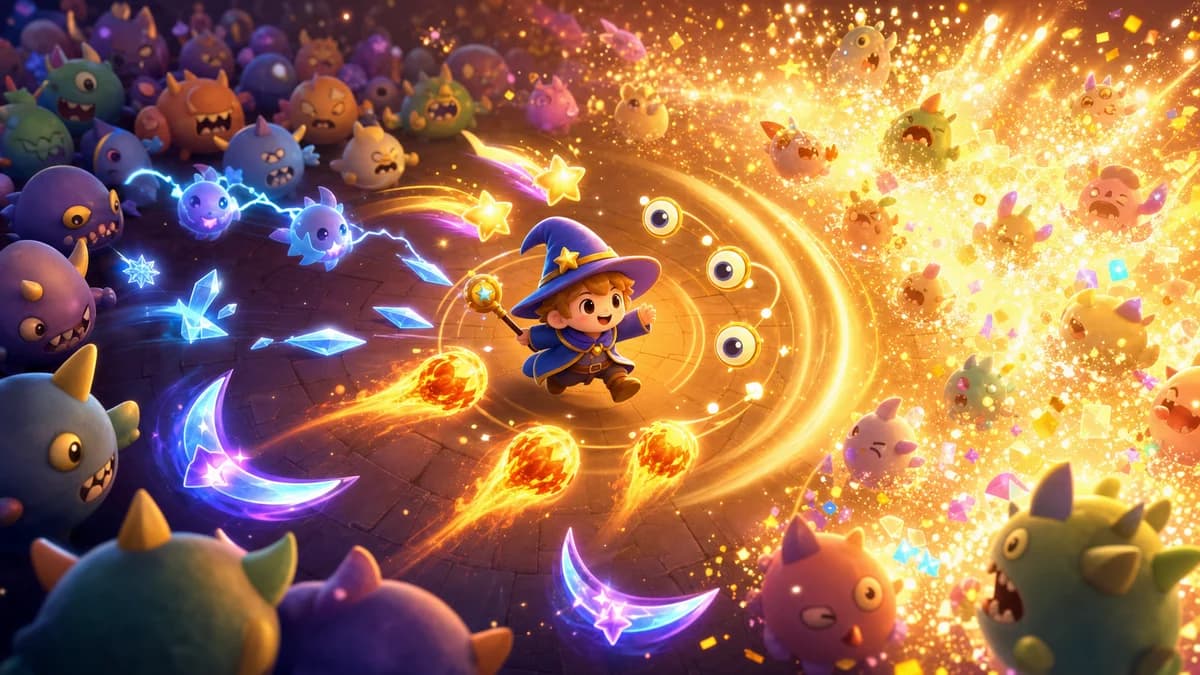 An adorable wizard moving through cartoon fantasy monsters while twelve auto-cast spells — shooting stars, lightning, ice, fireballs — fire automatically, and defeated monsters dissolve in light in the wave survival action game Sometimes You Just Need This