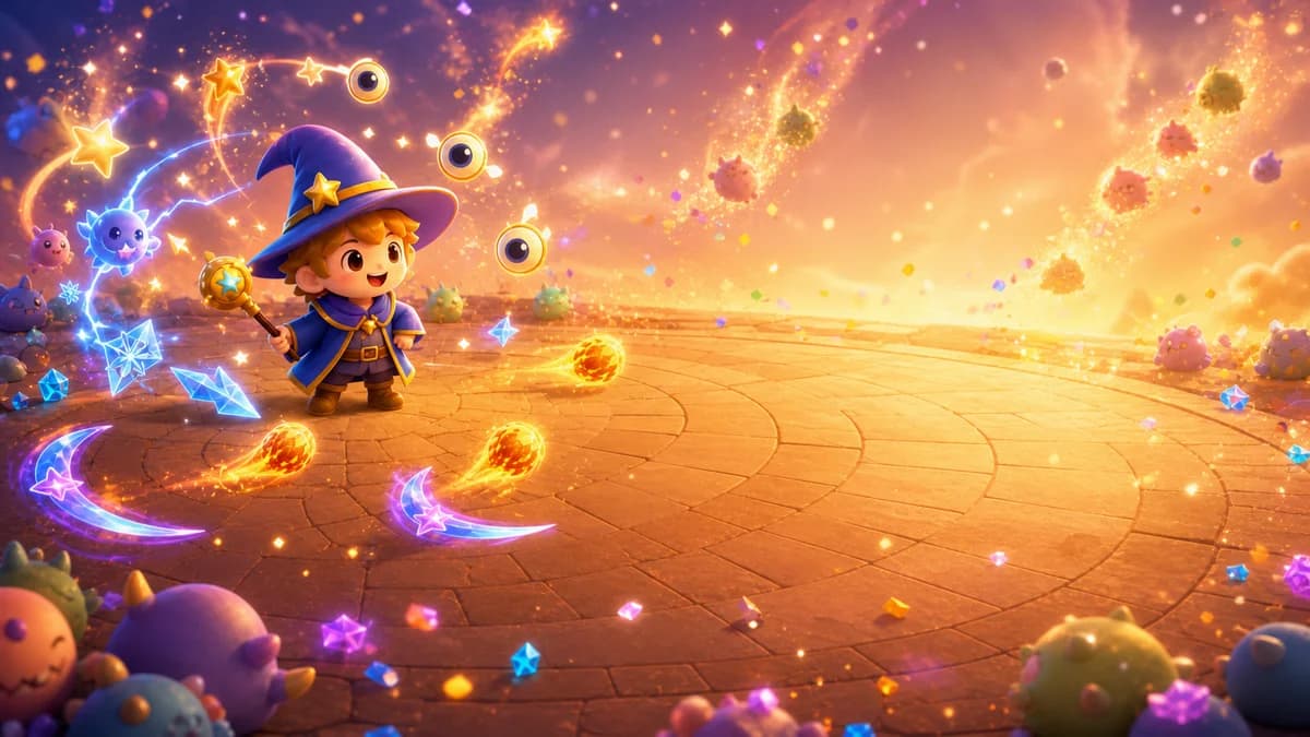 An adorable wizard moving through cartoon fantasy monsters while twelve auto-cast spells — shooting stars, lightning, ice, fireballs — fire automatically, and defeated monsters dissolve in light in the wave survival action game Sometimes You Just Need This