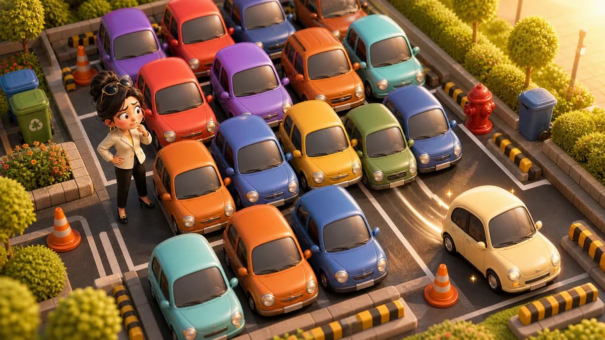 Gameplay screen of Excuse Me, Coming Through showing a 15x15 parking grid packed with small, mid-size, and large vehicles in seven colors, with one car sliding toward the exit in a Rush Hour-style unblock puzzle