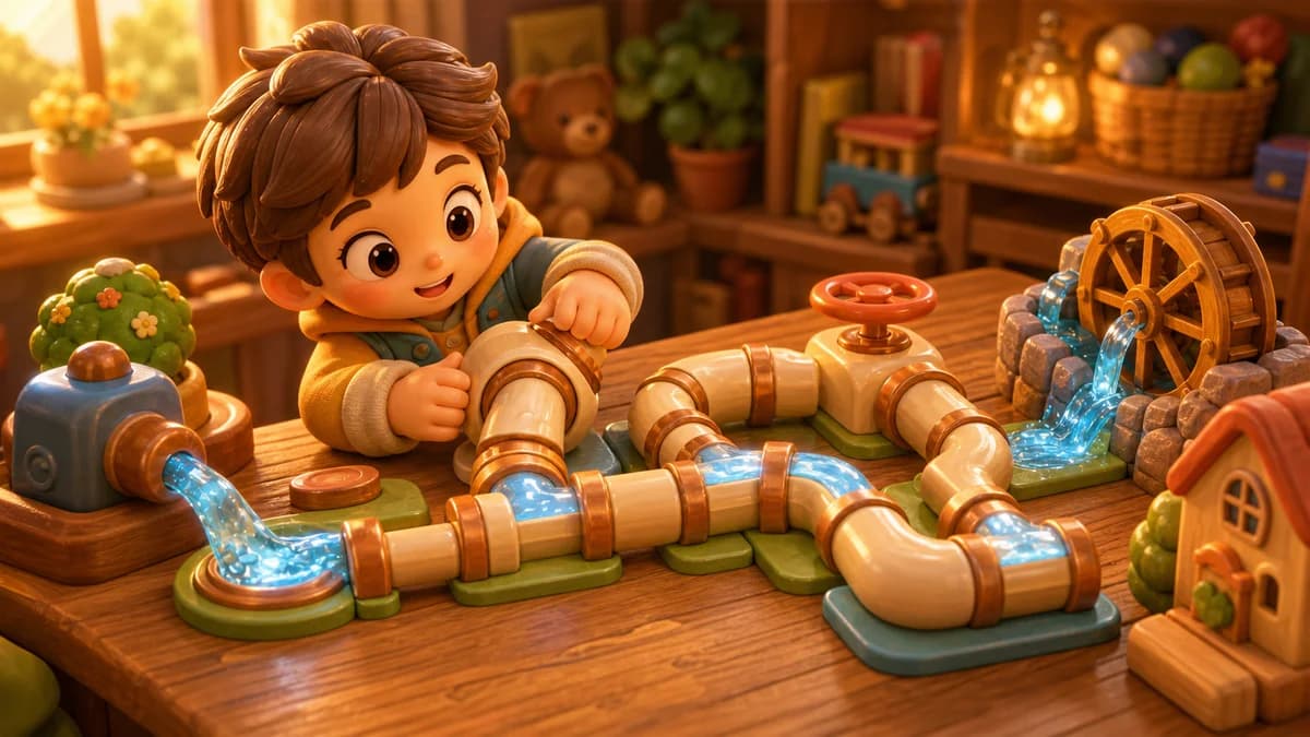 Gameplay screen of Pipe It Through! showing a grid of straight, curved, T-junction, and crossing pipe pieces being tapped and rotated to connect a water source to the exit.