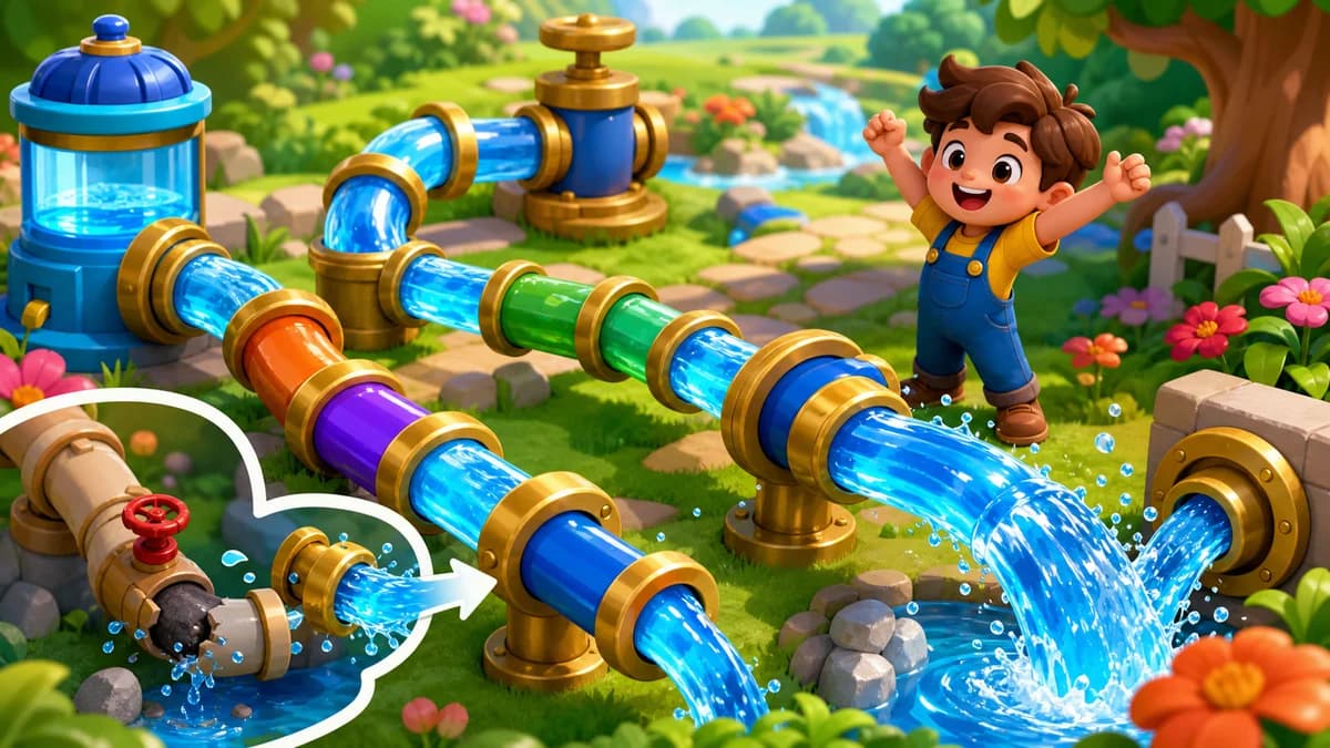 Gameplay screen of Pipe It Through! showing a grid of straight, curved, T-junction, and crossing pipe pieces being tapped and rotated to connect a water source to the exit.