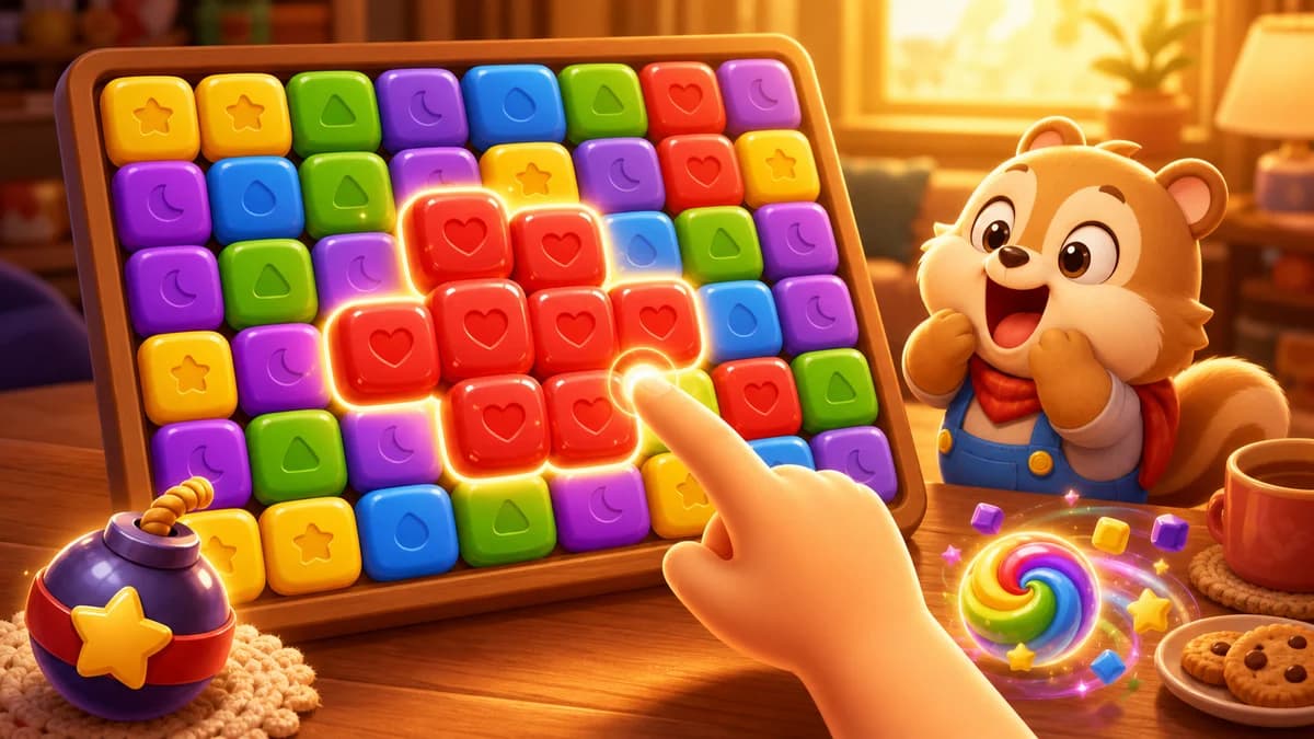 Gameplay screen of Cute Little Squares — a Match-2 block-pop puzzle where players tap same-color clusters to trigger chain reactions, earn line bombs and color bombs, and clear 30 levels