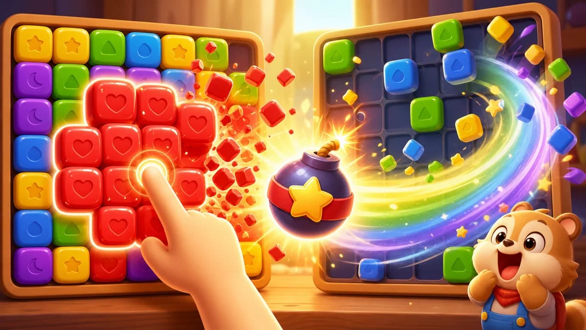 Gameplay screen of Cute Little Squares — a Match-2 block-pop puzzle where players tap same-color clusters to trigger chain reactions, earn line bombs and color bombs, and clear 30 levels