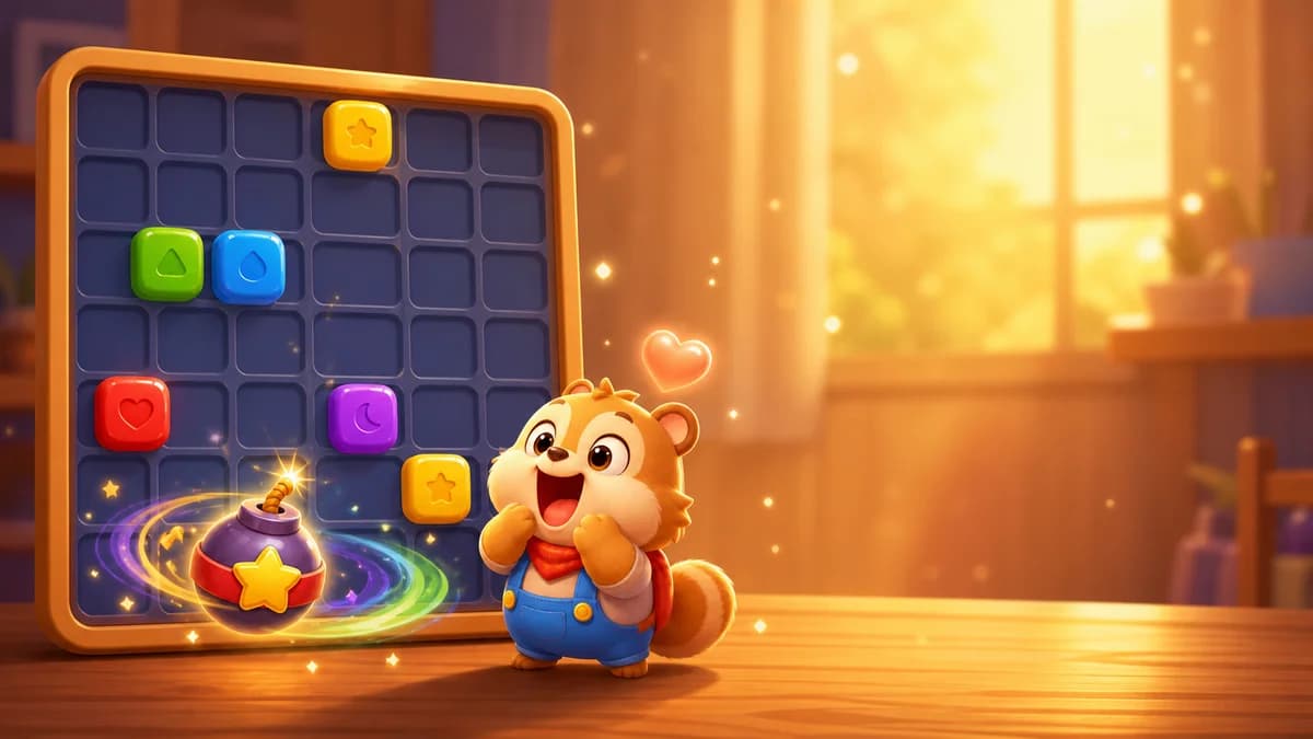 Gameplay screen of Cute Little Squares — a Match-2 block-pop puzzle where players tap same-color clusters to trigger chain reactions, earn line bombs and color bombs, and clear 30 levels