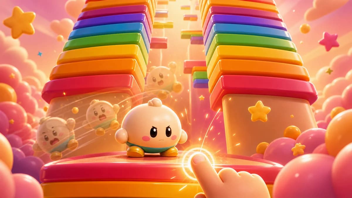 Gameplay screen of Slower Than You Think — a vertical reaction game where players tap to launch their character upward through a colorful rainbow world, dodging sweeping, rushing, and spinning obstacles