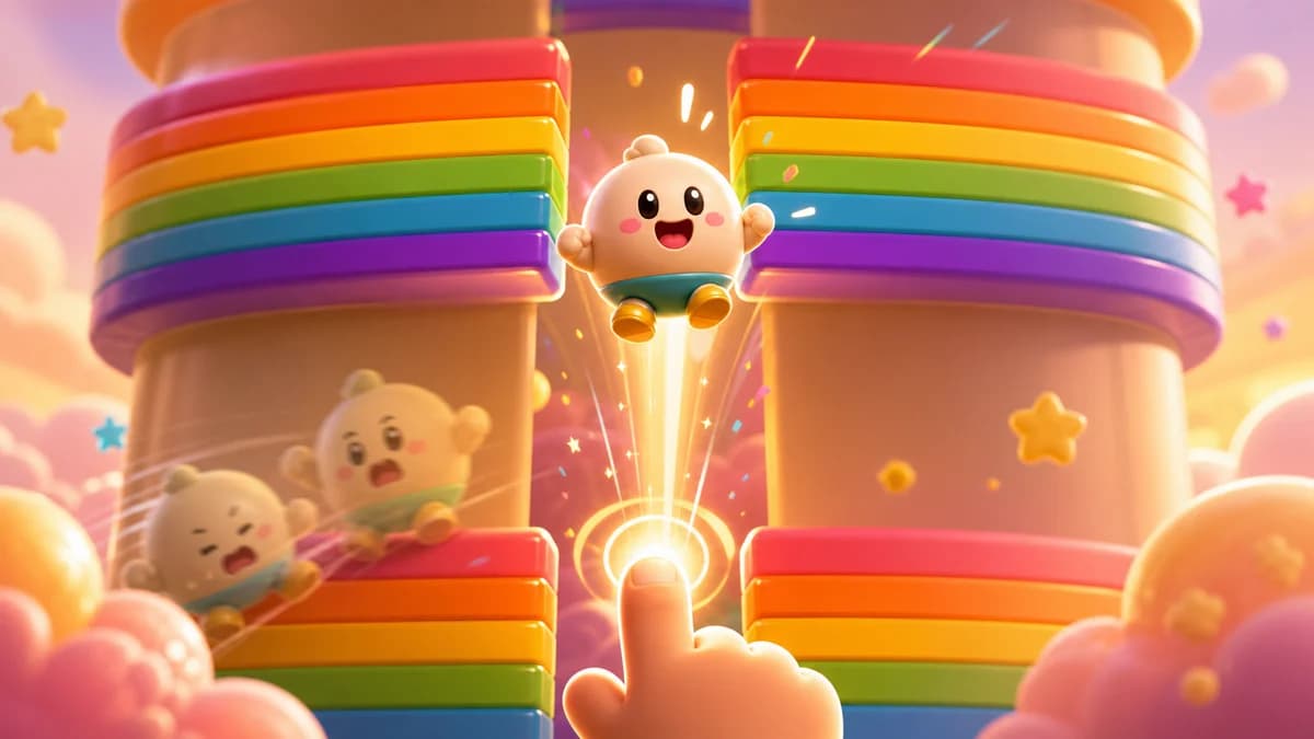 Gameplay screen of Slower Than You Think — a vertical reaction game where players tap to launch their character upward through a colorful rainbow world, dodging sweeping, rushing, and spinning obstacles