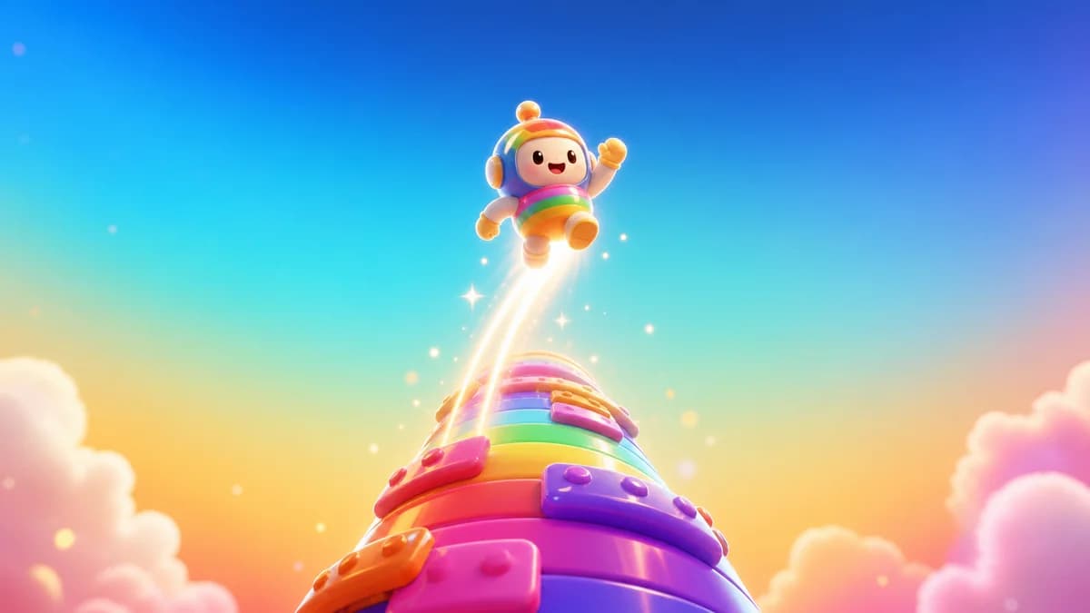 Gameplay screen of Slower Than You Think — a vertical reaction game where players tap to launch their character upward through a colorful rainbow world, dodging sweeping, rushing, and spinning obstacles