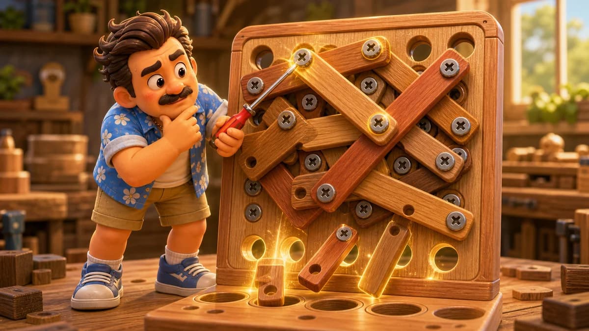 Gameplay screen of A Little Help Here — a layer-based screw-removal puzzle where players tap colored screws in the right sequence to free planks and drop them into holes below