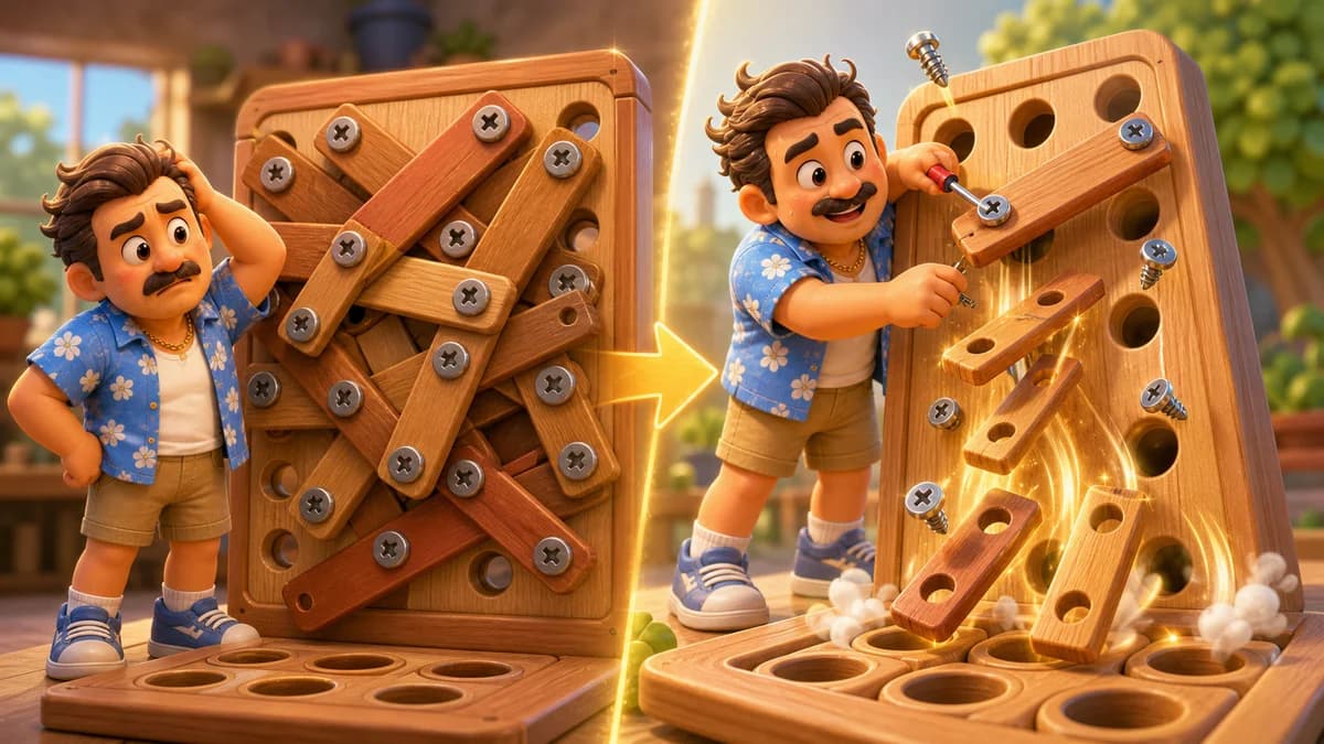 Gameplay screen of A Little Help Here — a layer-based screw-removal puzzle where players tap colored screws in the right sequence to free planks and drop them into holes below