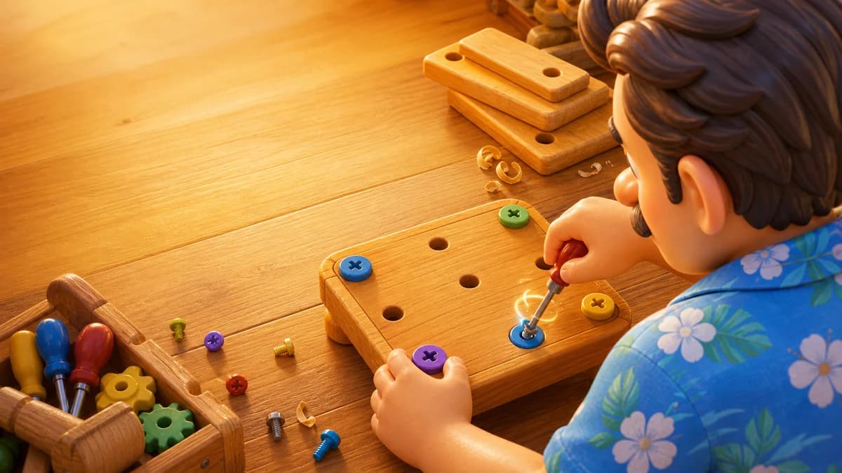 Gameplay screen of A Little Help Here — a layer-based screw-removal puzzle where players tap colored screws in the right sequence to free planks and drop them into holes below