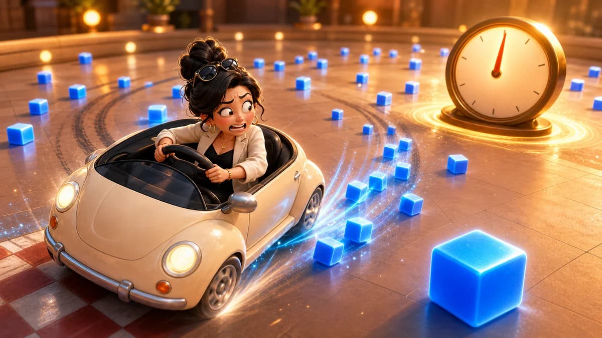 Gameplay screen of Uncle's Wheel showing a car racing around a 3D arcade course, driving over scattered blue cubes to collect them all within the 10-second timer.