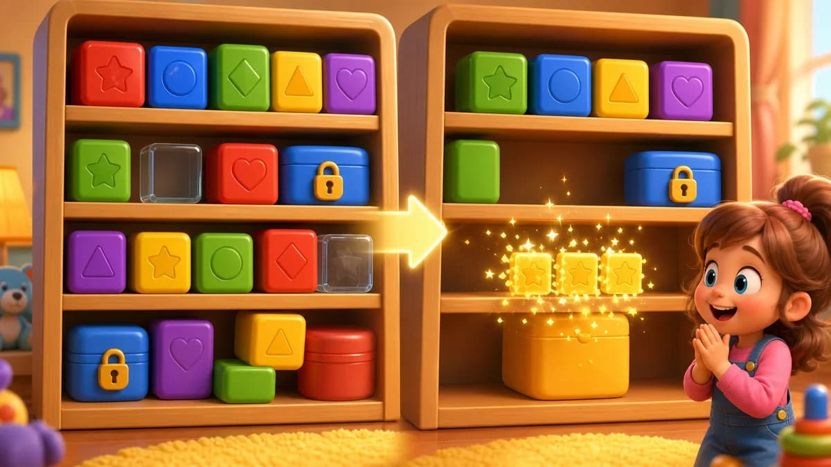 Gameplay screen of There's an Order to Everything — a color block sorting puzzle where players move blocks between boxes to group 3 of the same color at the top, working within a move limit across 100 levels